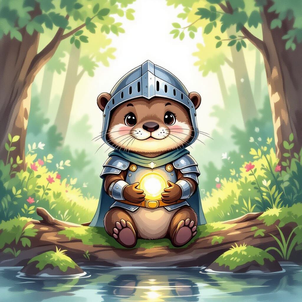 Otter Knight with Glowing Orb in Watercolor Style