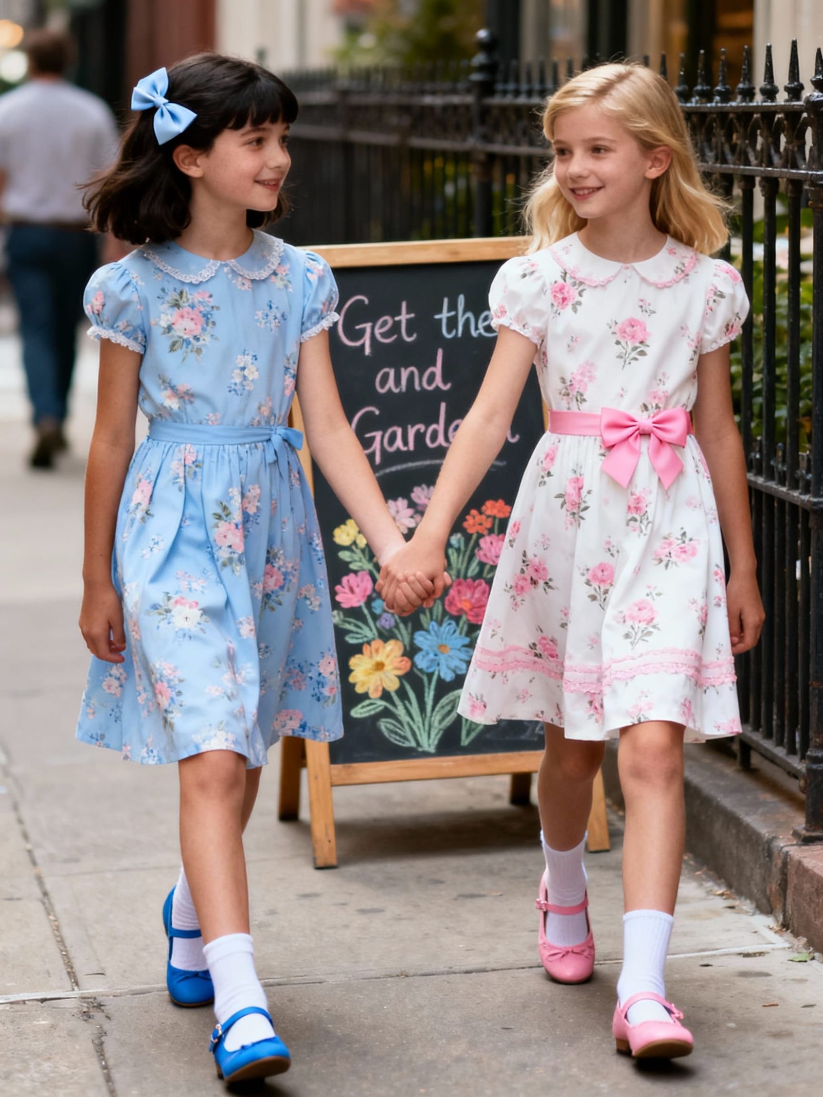Two Young Girls in Pastel Dresses Walk City Street