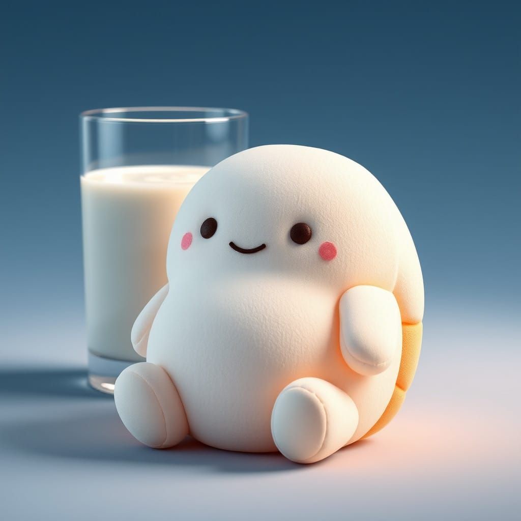 Squishmallow Cookie Character in Dreamlike Setting with Milk