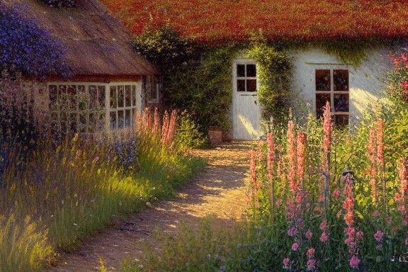 Charming Cottage Garden Painting in French Landscape Style