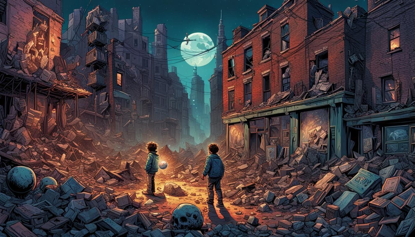 Dystopian Child Playing Ball in Grimdark Street