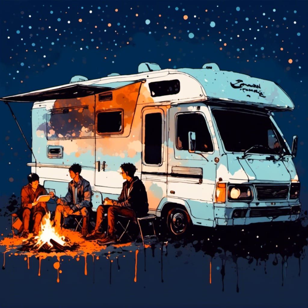 Ink Art Motorhome Friends Under Cosmic Sky