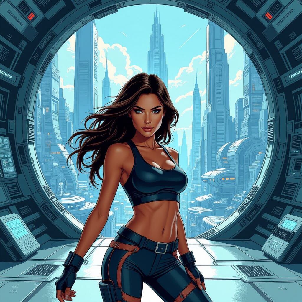 Futuristic Woman in Dynamic Sci-Fi Scenery