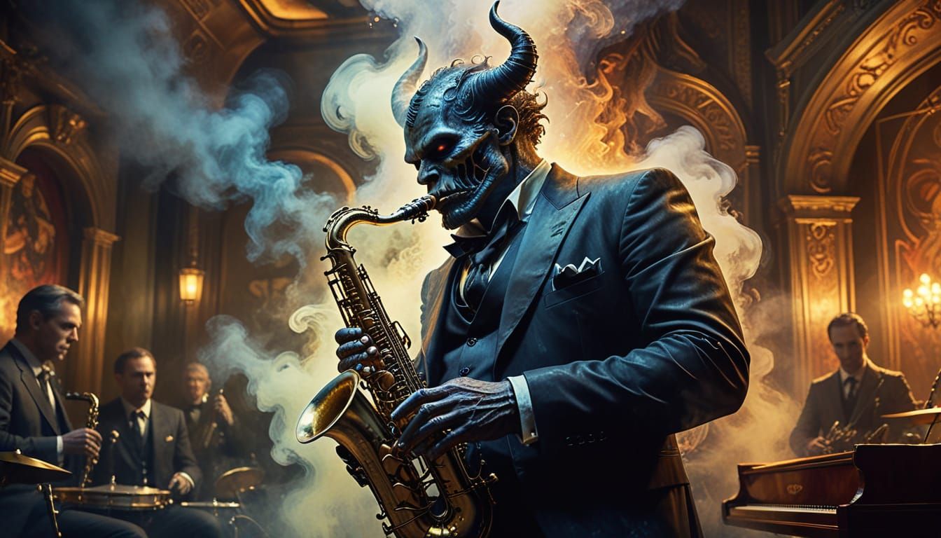 Demon Saxophonist in Smoky Jazz Club: Watercolor Painting
