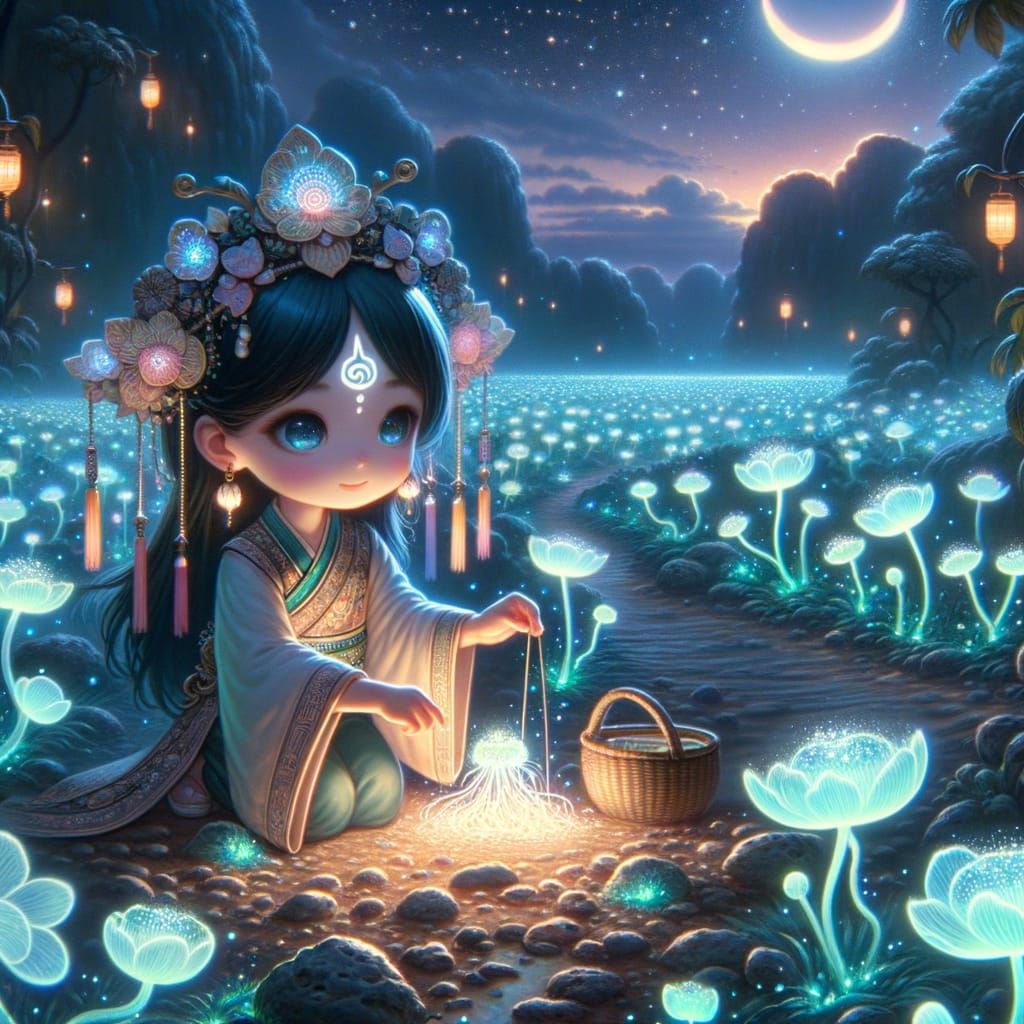 Chibi Girl Gardening on Moon, Oil Painting