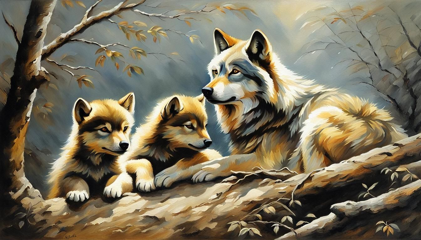 Loving Wolf Family in Chinese Oil Painting Style