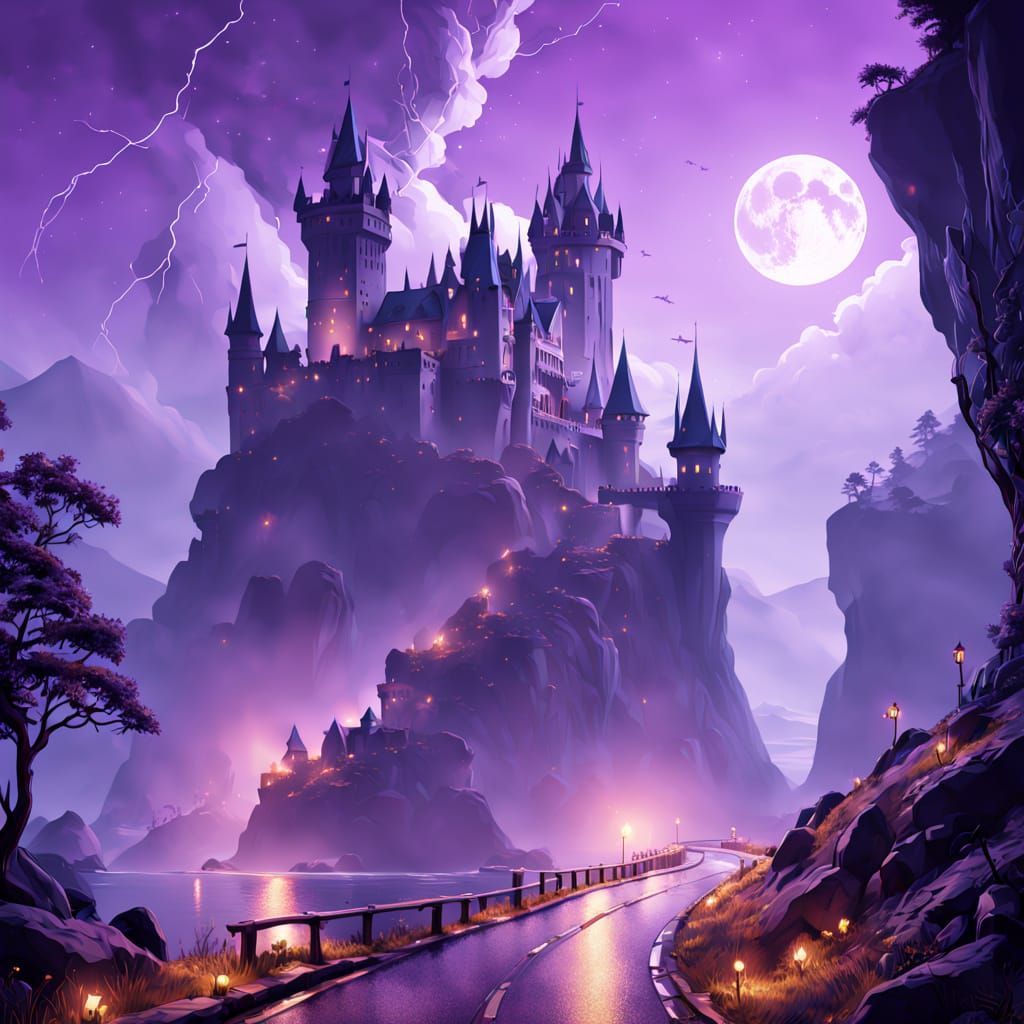 Dark Fantasy Castle with Fireflies in Art Nouveau Style