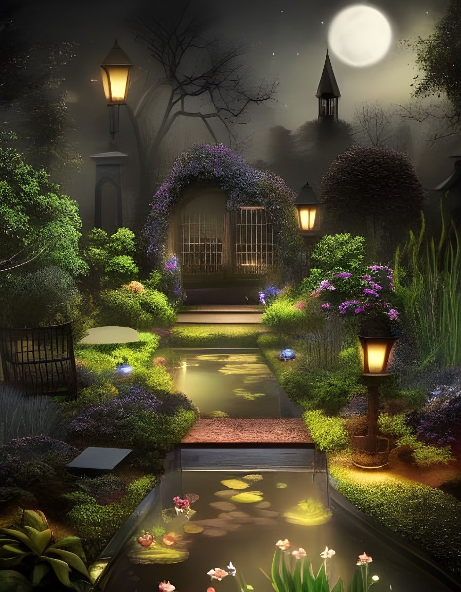 Mysterious Moonlit Garden with Koi Pond
