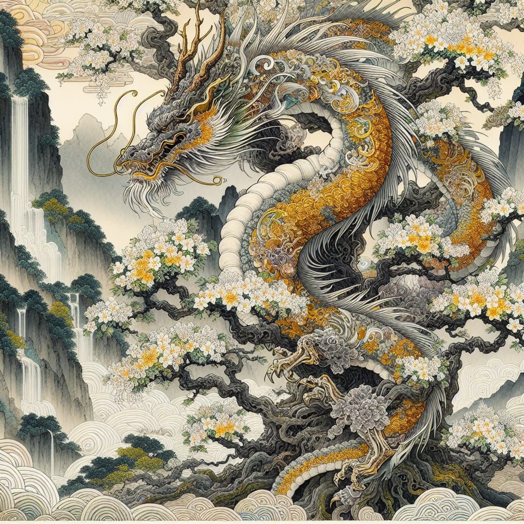 Japanese Watercolor Dragon in Fantasy Landscape