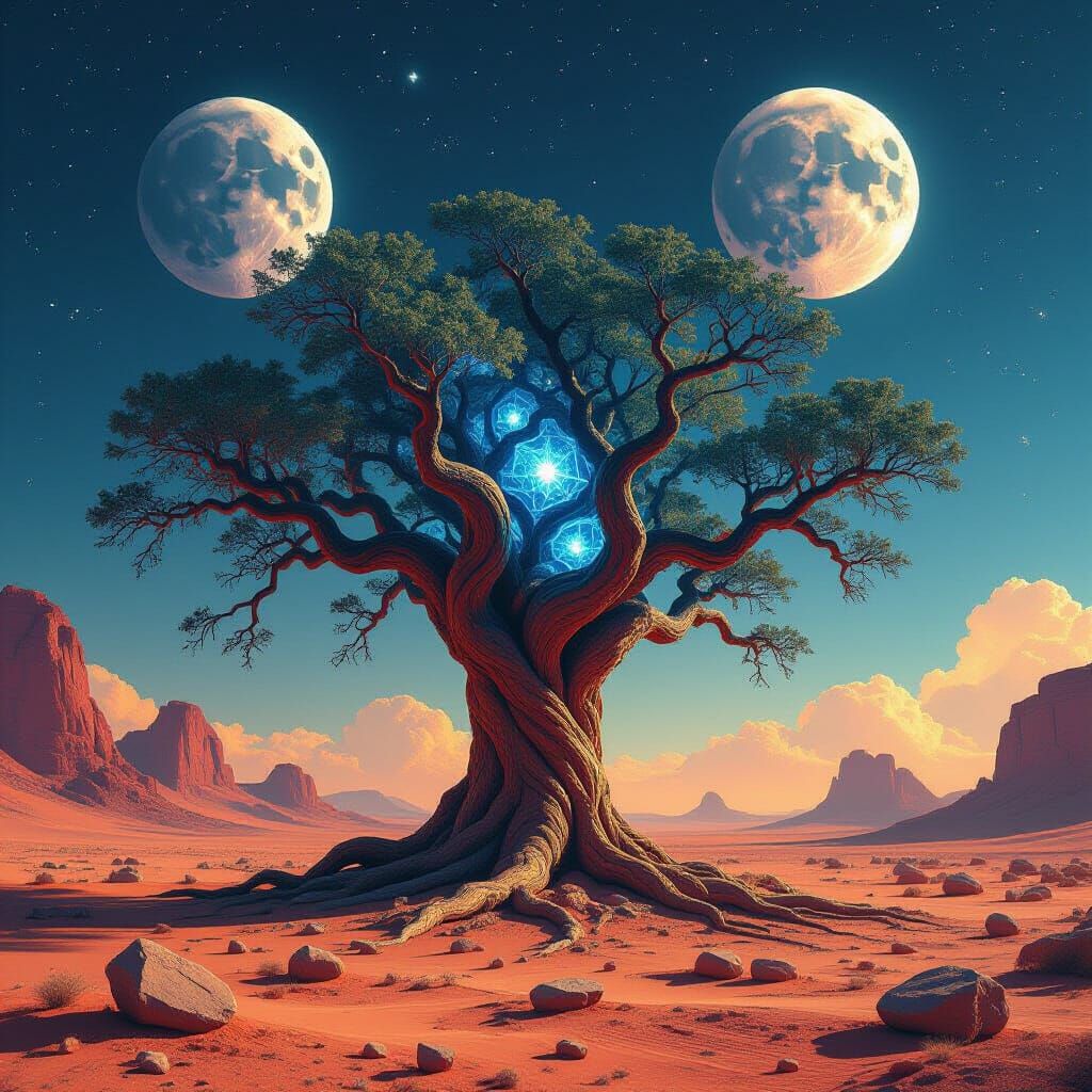 Crystalline Fractal Tree in Alien Desert, Surreal Digital Ar...