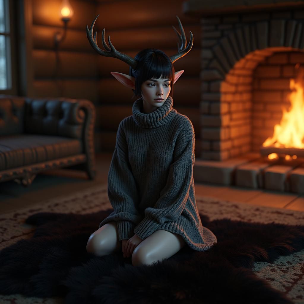 Elf with Deer Antlers in Cozy Cabin