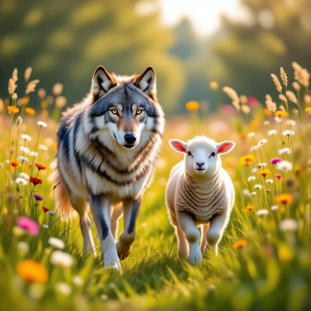 Wolf and Lamb in Sunlit Meadow