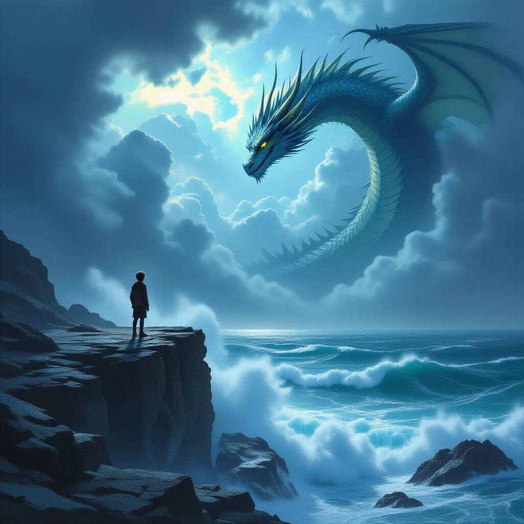 Boy on Cliff Gazes at Stormy Ocean & Dragon