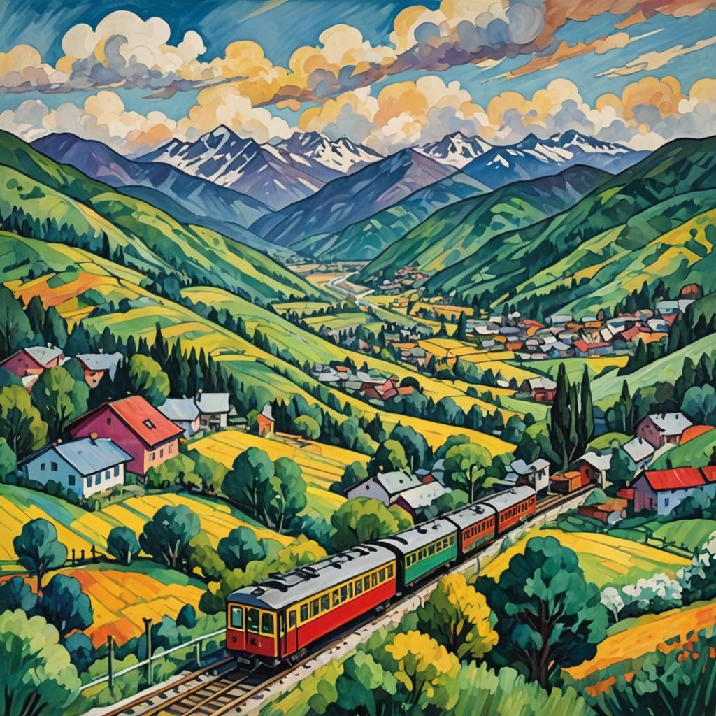 Colorful Trolley Train in Mountain Town: Gouache Painting