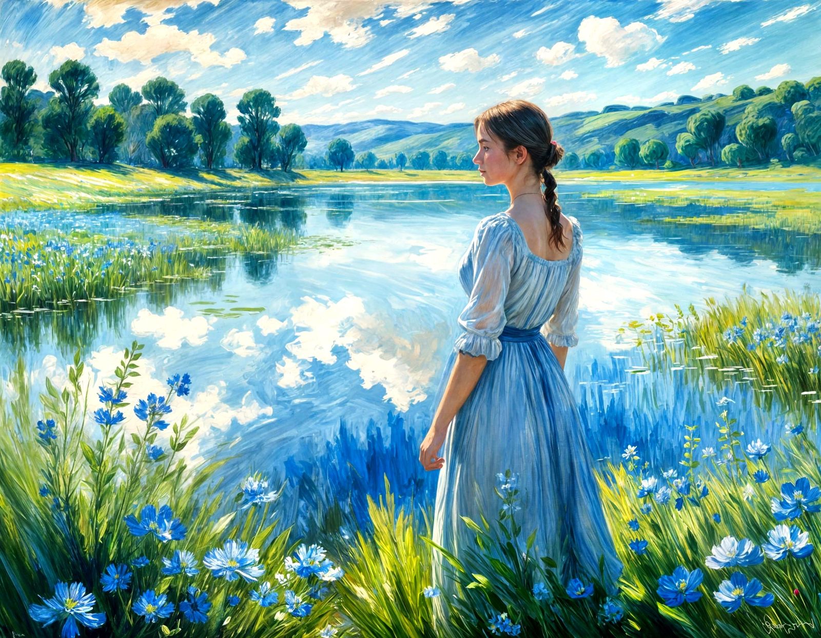 Woman in Blue Flower Field in Impressionistic Style