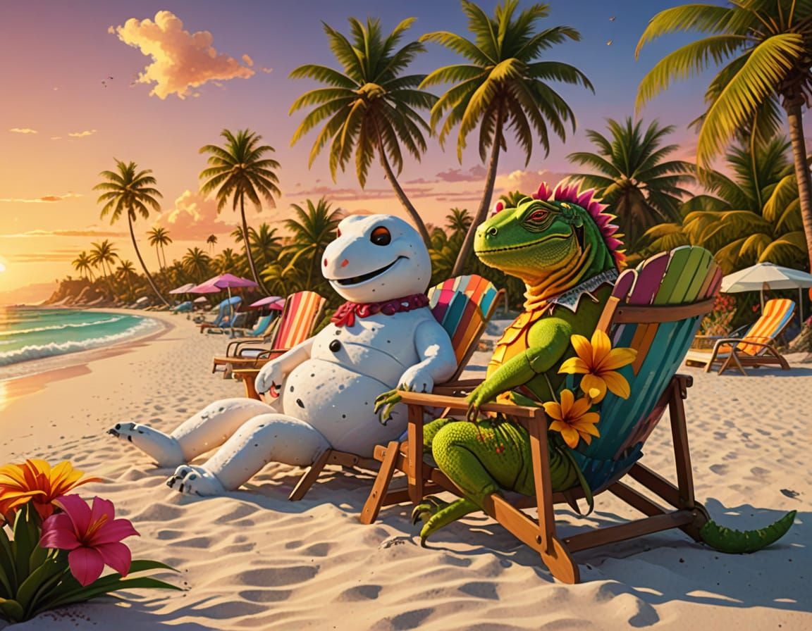 Snowman and Iguana Relax on Tropical Beach at Sunset