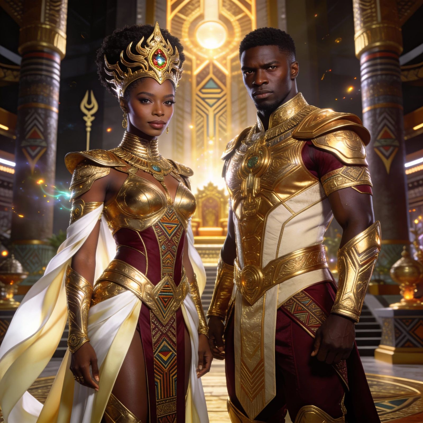 Black Royal Warrior Couple in Afrofuturistic Palace