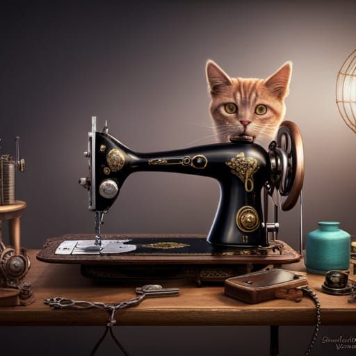 Steampunk Cat Sewing Machine: Detailed Matte Painting