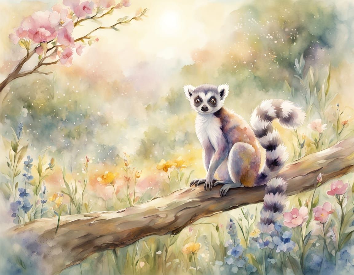 Whimsical Watercolor of a Lemur in a Springtime Meadow