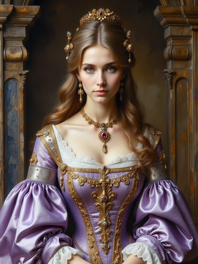 Regal Princess in Lavender and Gold Attire, Inspired by 17th...