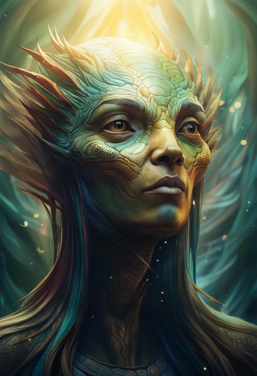 Alien Creature Gazing Upward in Mystical Atmosphere