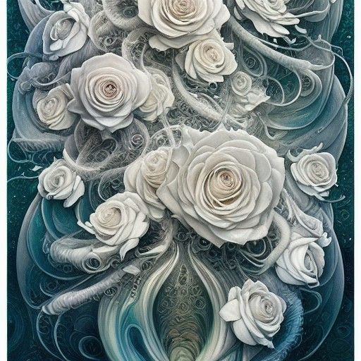 Glassy White Roses in Flowing Liquid Art