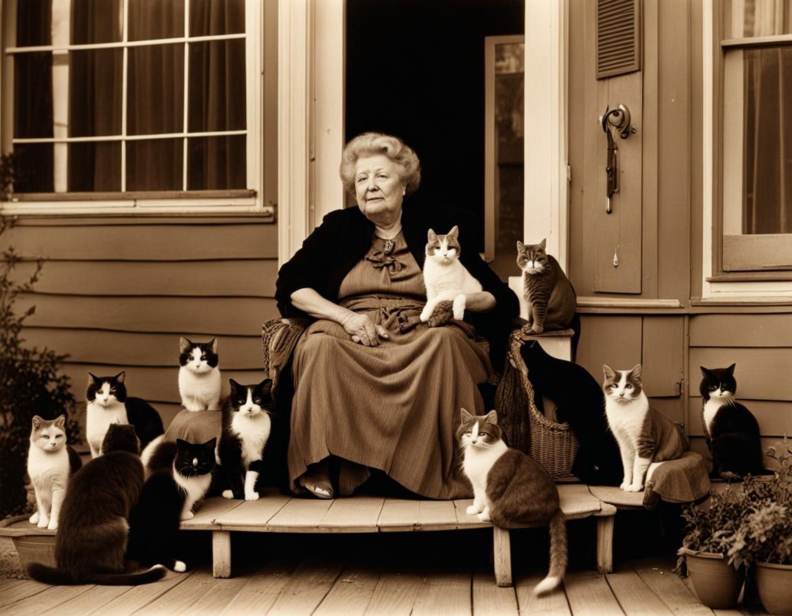 Vintage Sepia Photo: Woman with Cats, Tim Burton Style