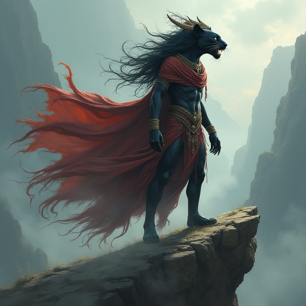 Black Panther Warrior on Cliff in Mystical Style