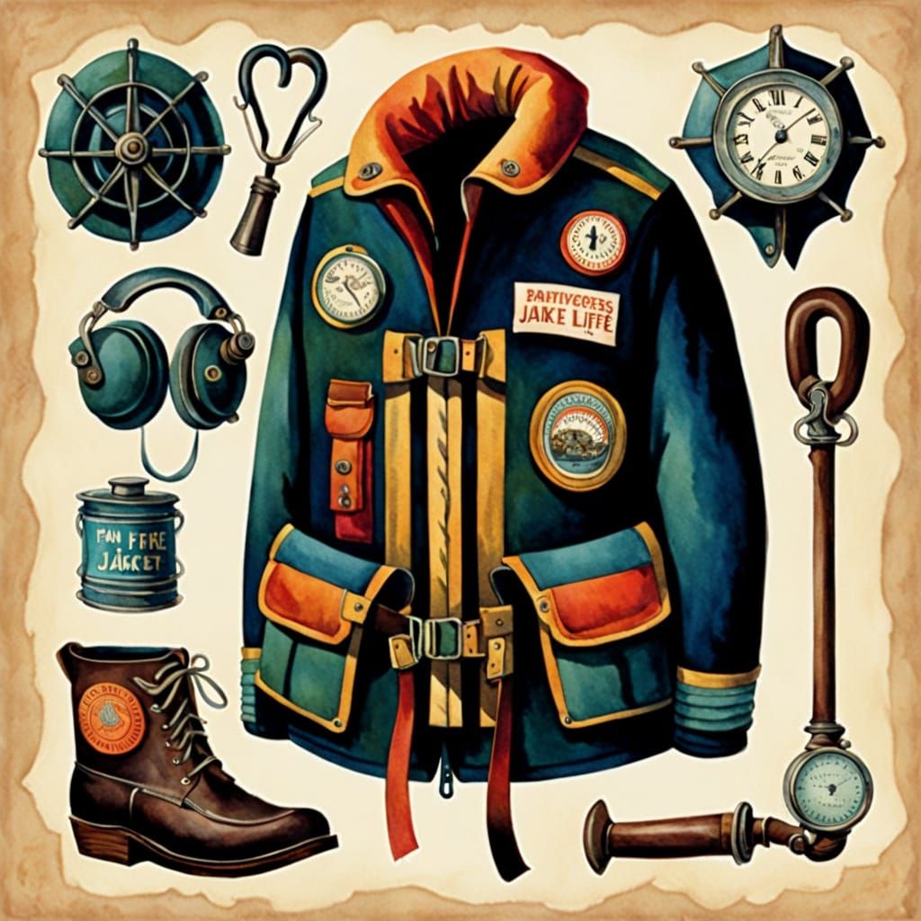 Whimsical Watercolor Life Jacket Illustration in Vintage Sty...