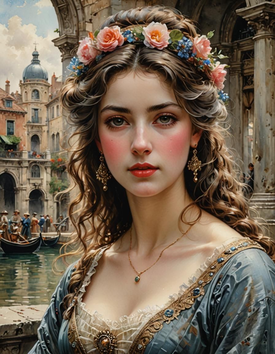 Venetian Courtesan Portrait in Watercolors