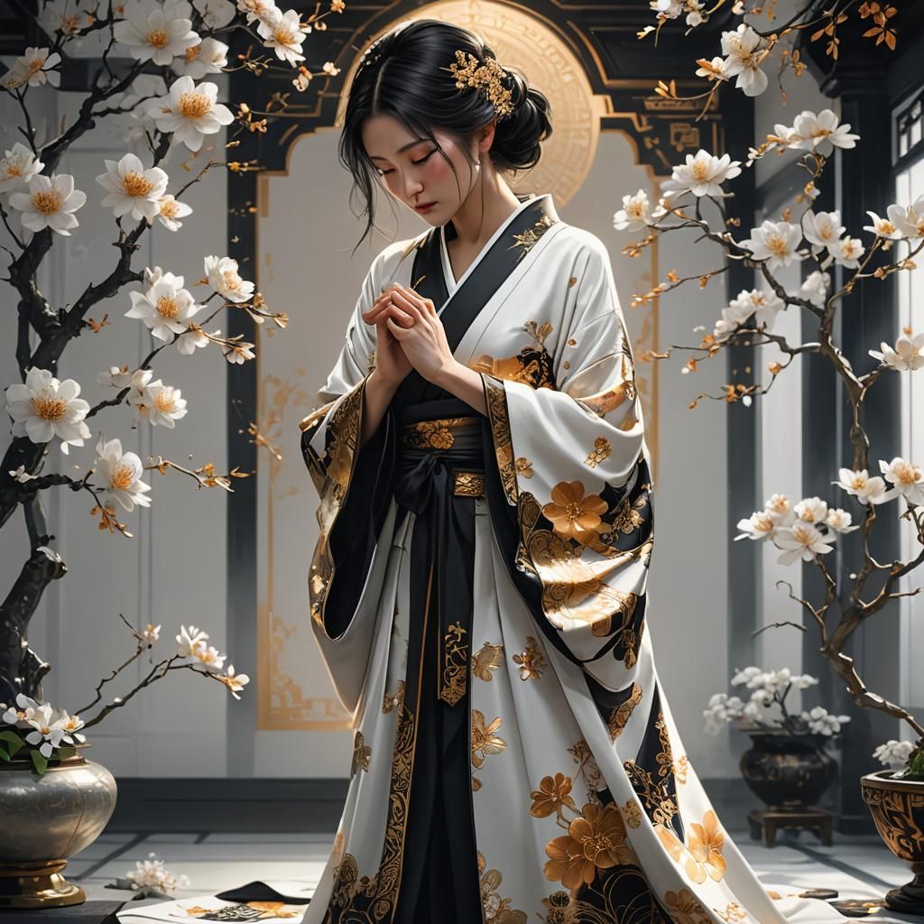 Woman in Kimono Bowing: Dark Fantasy Concept Art