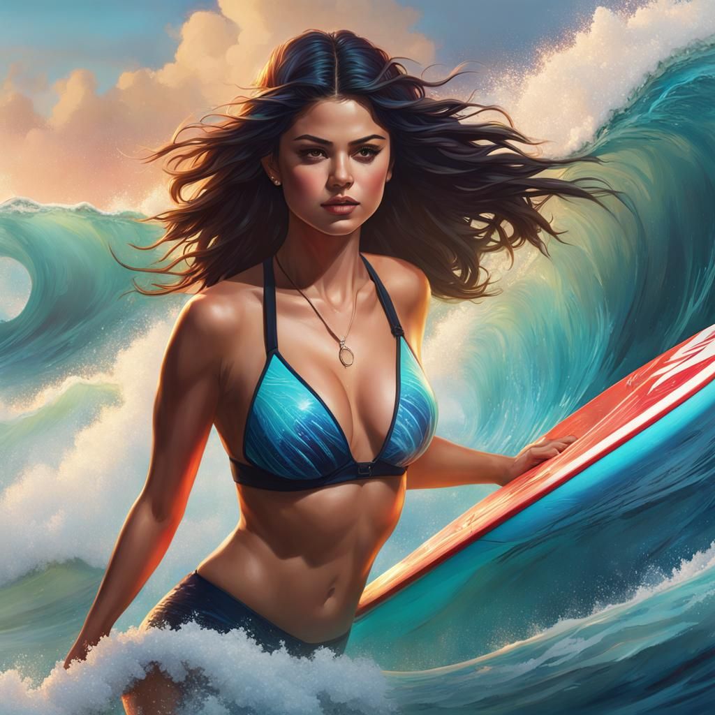 Woman Surfing Portrait in Hyperdetailed Splash Art Style