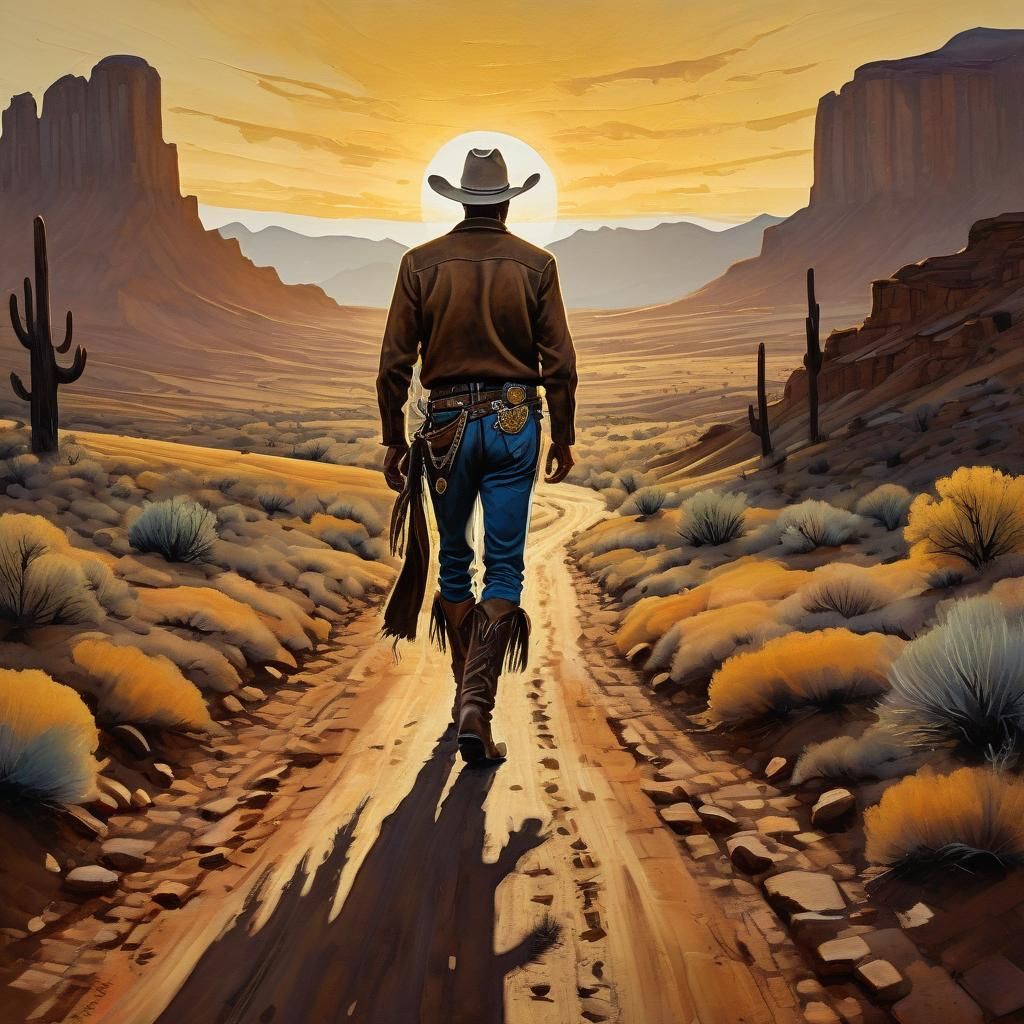 Cowboy on Dusty Road: Gouache Folk-Art Painting