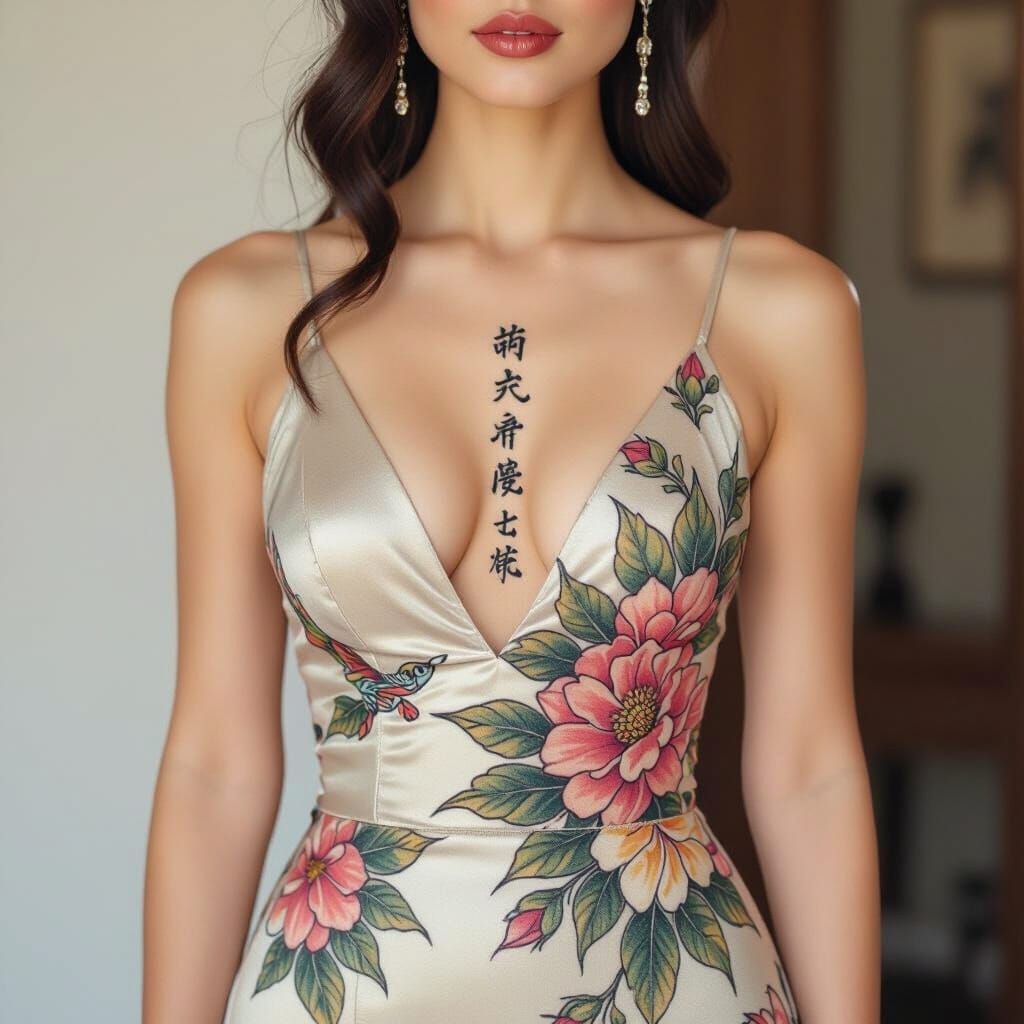 Elegant Woman with Life Kanji Tattoo, Ink Art Style