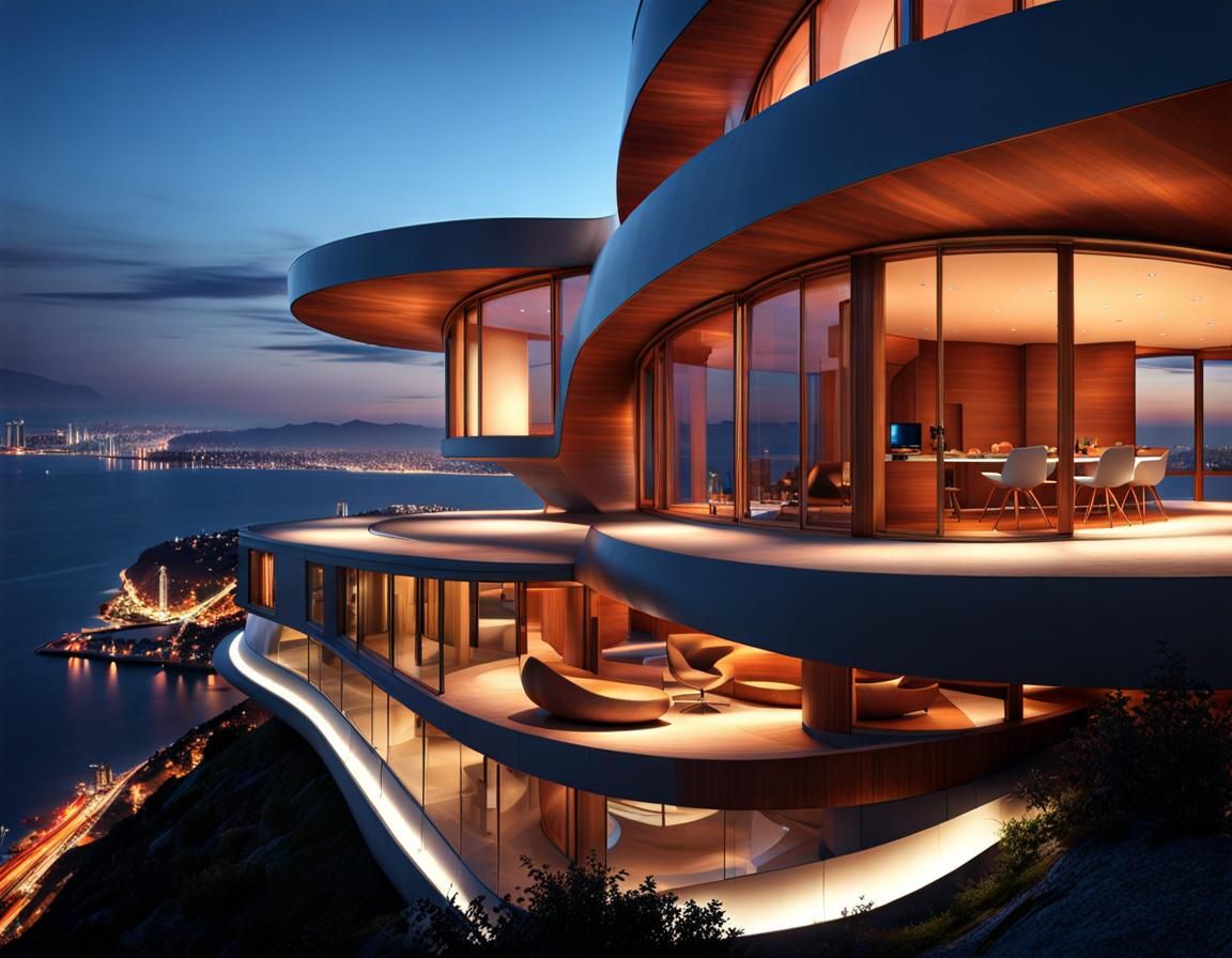 (((4k))) An abstract architecture modern futuristic large home designed by frank Gehry, narito and surrralism visionary ...