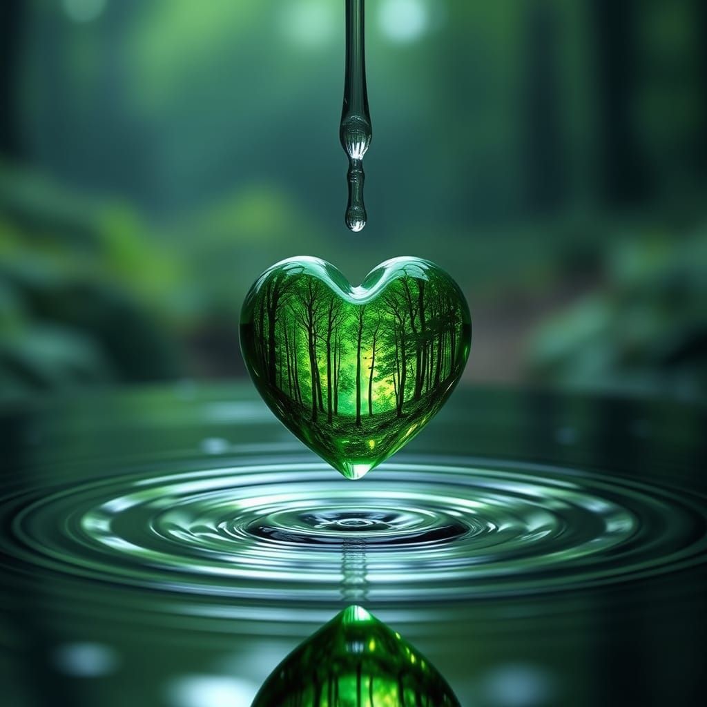 Green Crystal Heart in Water Droplet: Hyperrealistic Macro