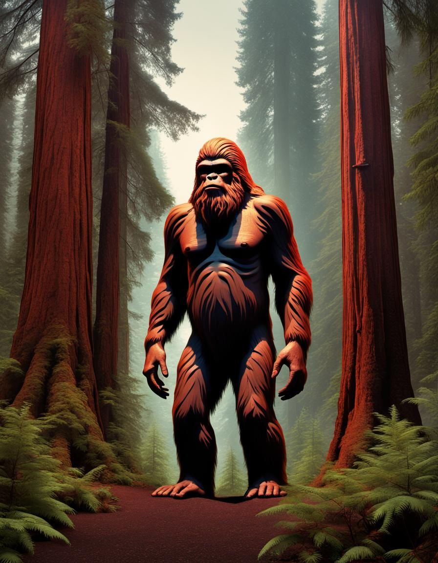 movie poster/#film/IMAX;
"Sasquatch standing amongst redwoods deep in Humboldt county California Hill's." 
3DEXCITE/Auto...