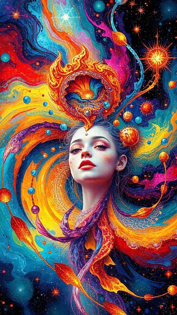 Cosmic Being Radiates Mystique in Swirling Vortex of Colour