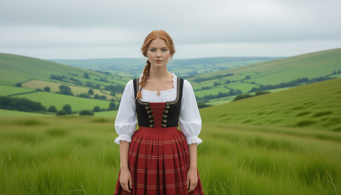 Welsh Woman in Traditional Dress in Lush Landscape