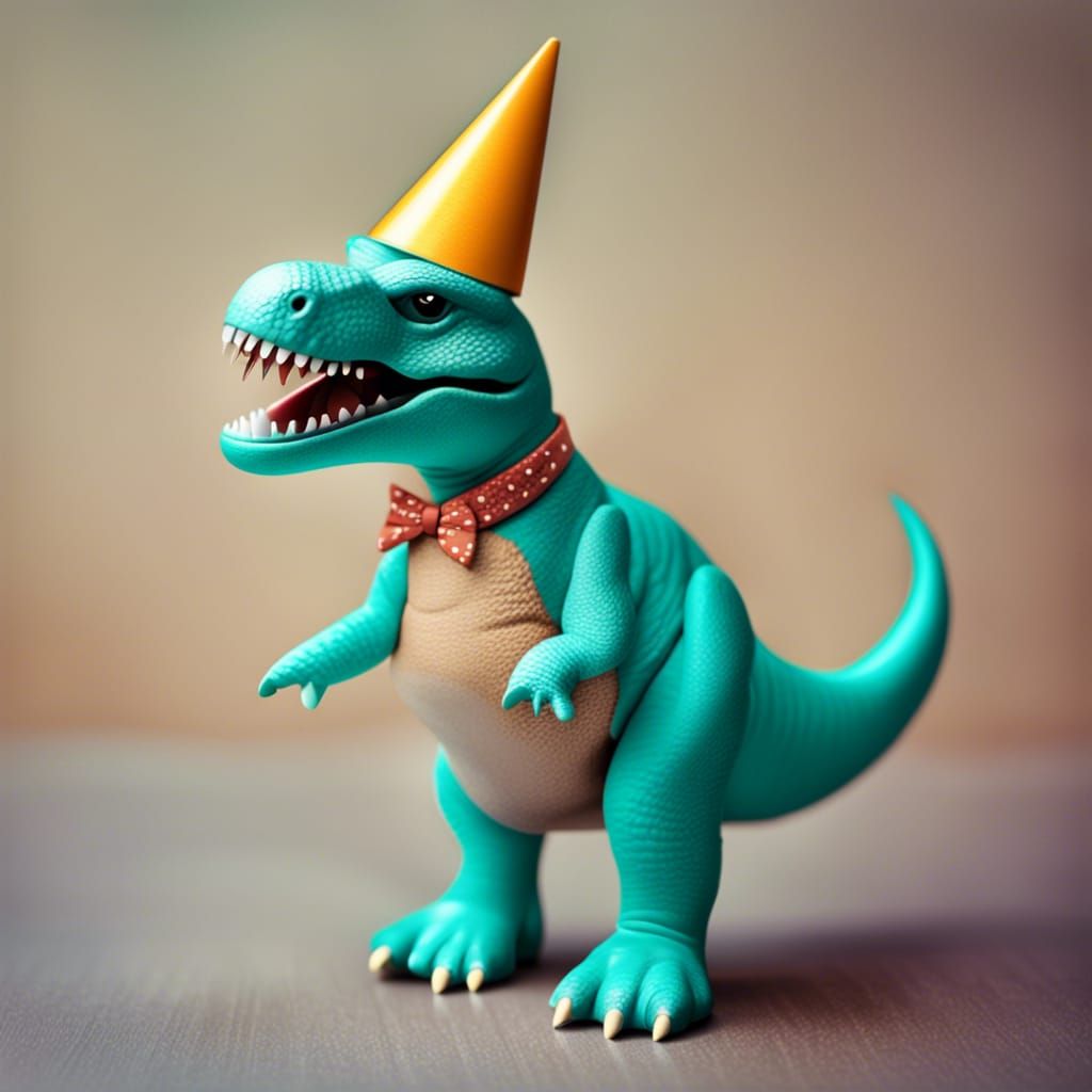 Toy T-Rex Celebrates in Party Hat