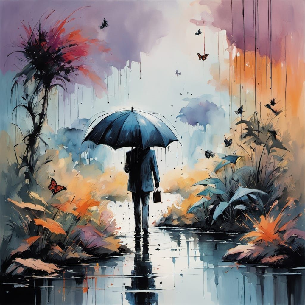 Umbrella Waterfall in Impressionist Gouache Style