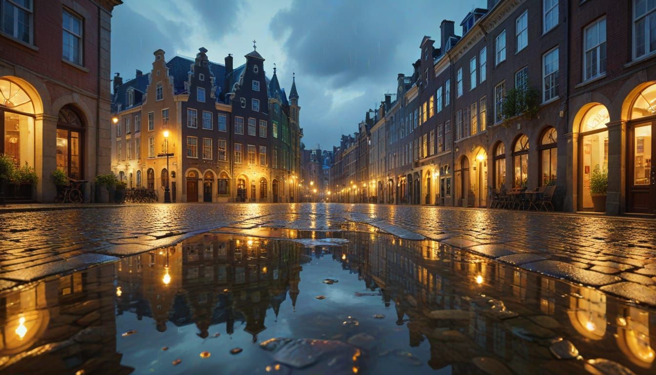 Baroque Realism Masterpiece: Mirrored European Town