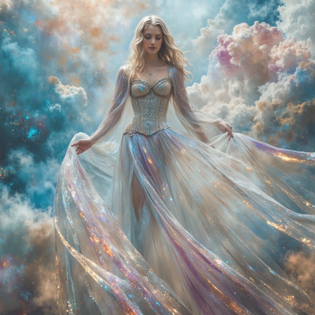 Voluptuous Woman in Pastel Gown with Opal Hair