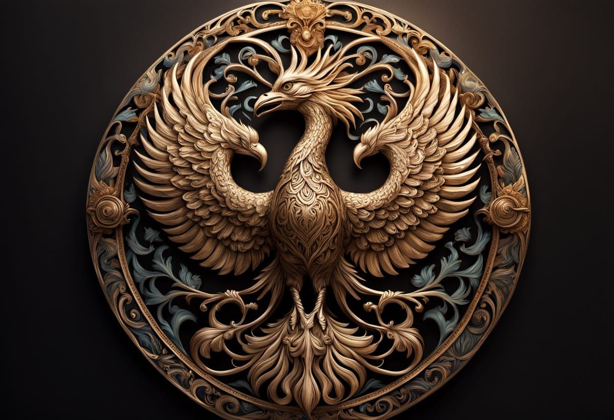 Majestic Phoenix Heraldry Medallion in Gold and Leather