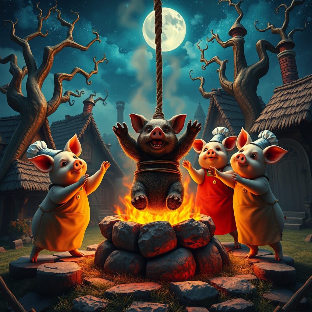 Medieval Whimsy: Pigs Roast the Big Bad Wolf in a Starry Nig...