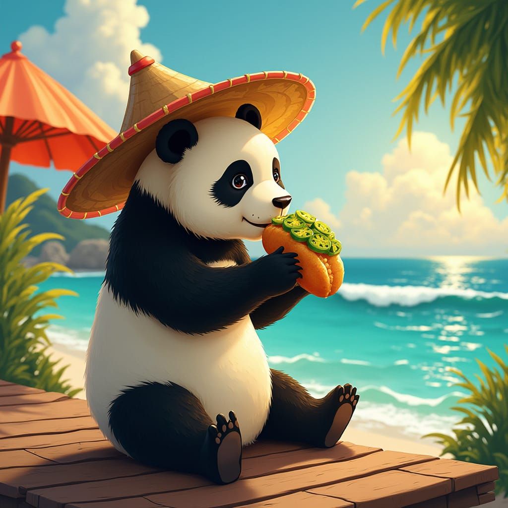 Serene Panda in Traditional Chinese Conical Hat, Munching on...