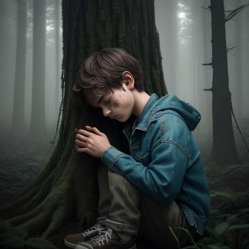 Lost Boy Crying in Misty Woods: Cinematic Film Still