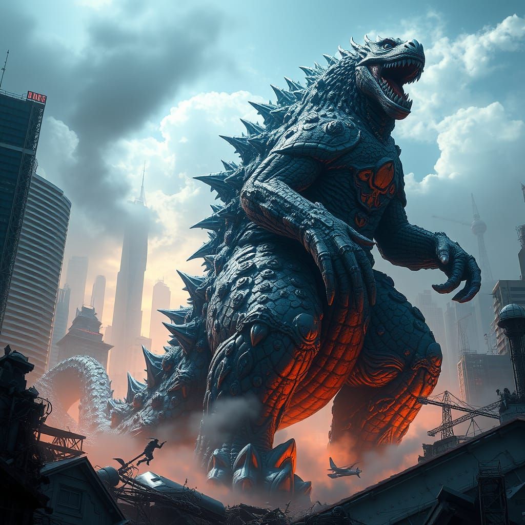 Colossal Kaiju Monster in Ravaged Cityscape