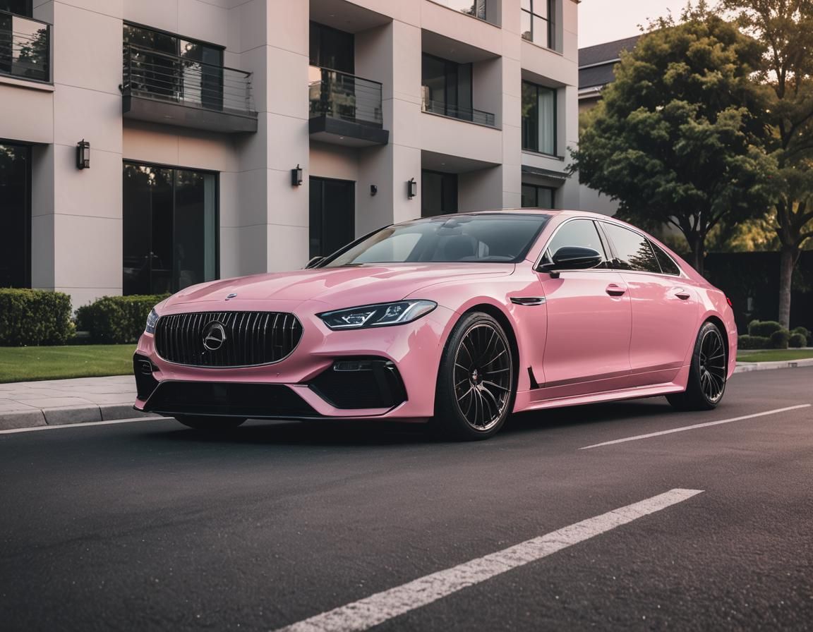 Candy Pink Sedan Parked at Modern Mansion