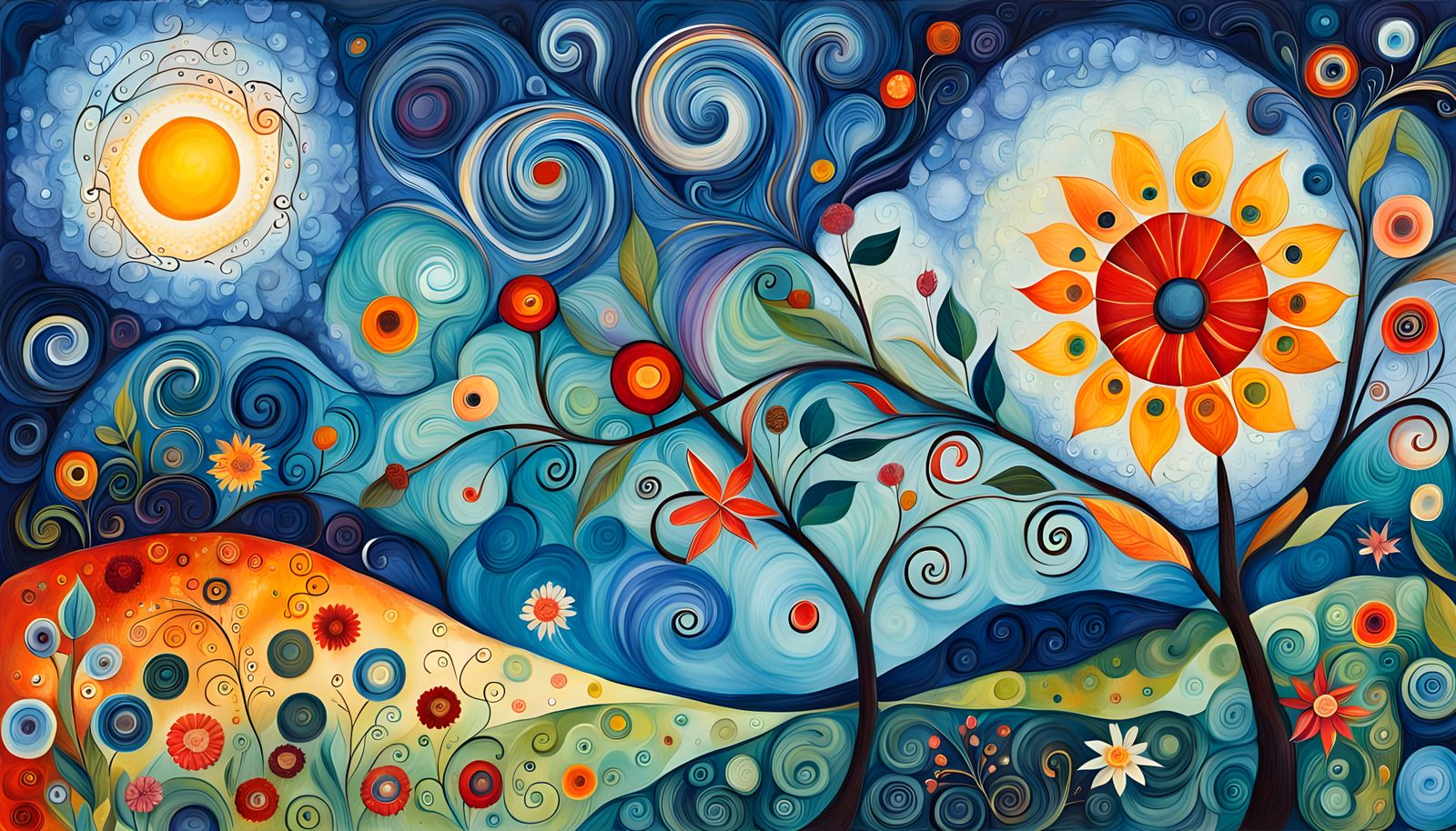 Whimsical pattern of abstract flowers and foliages; swirlies...